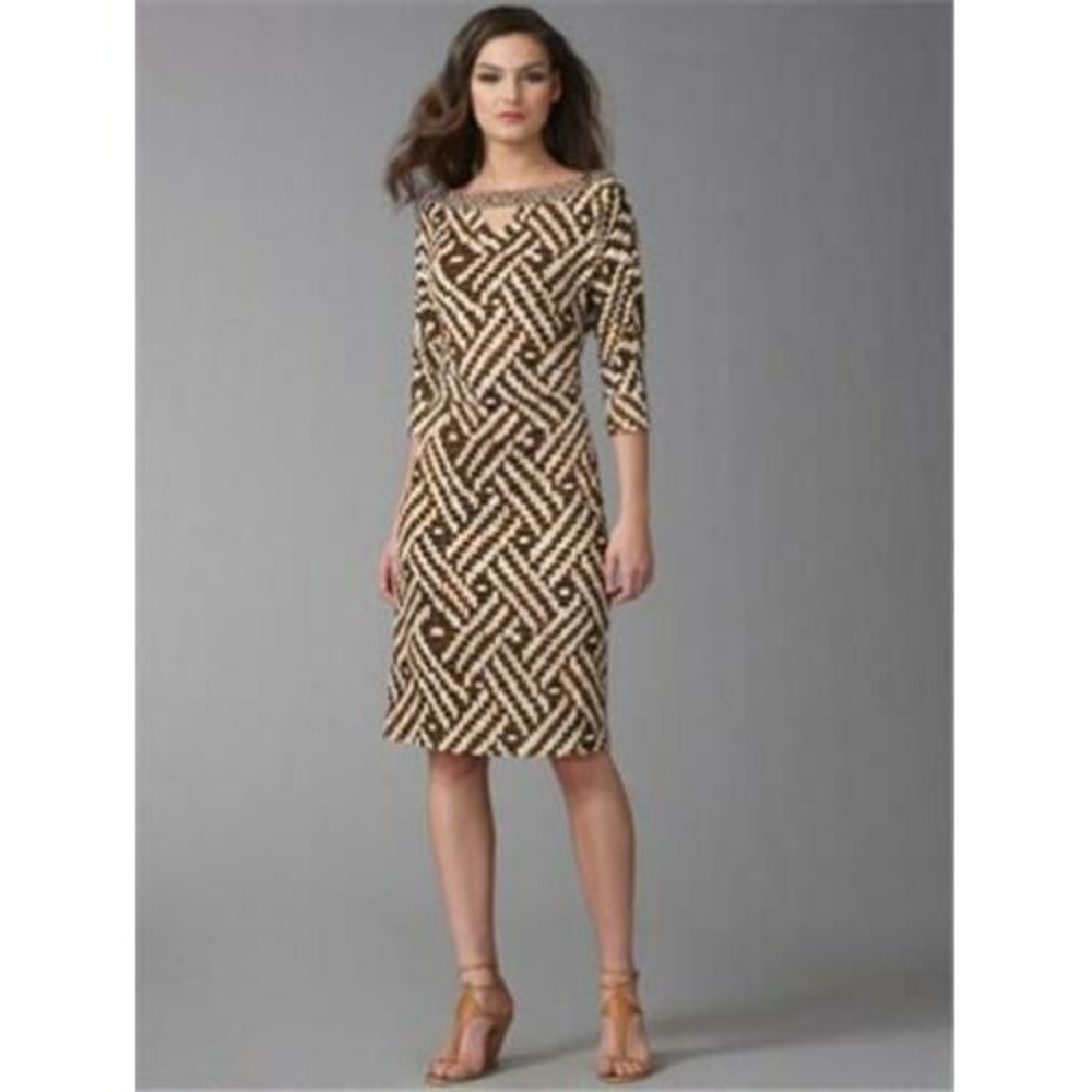 Diane von Furstenberg DVF Brown White Geometric Silk Jersey Sheath Dress Size 10